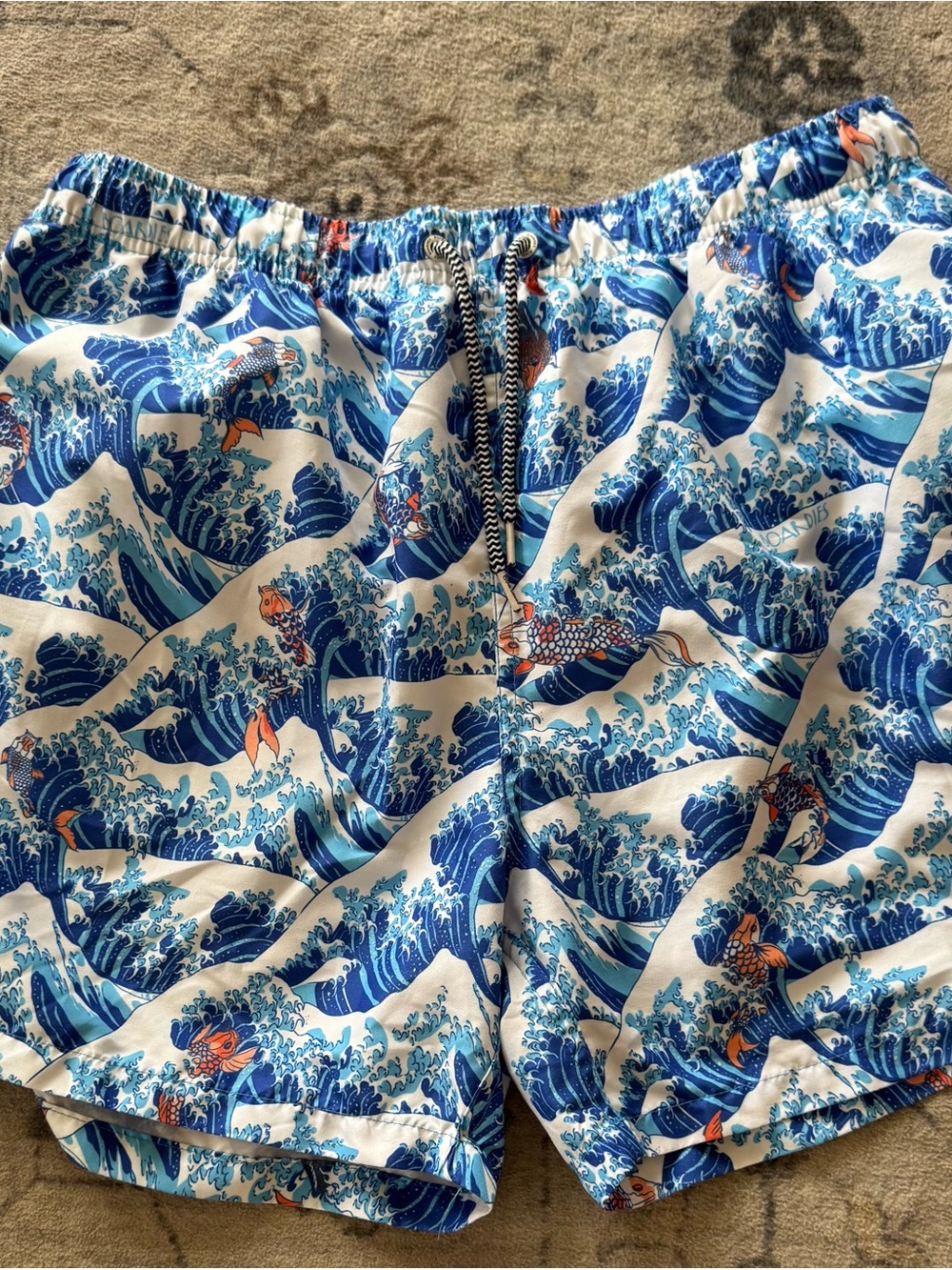 Men's Blue Wave & Koi Print Swim Board Shorts